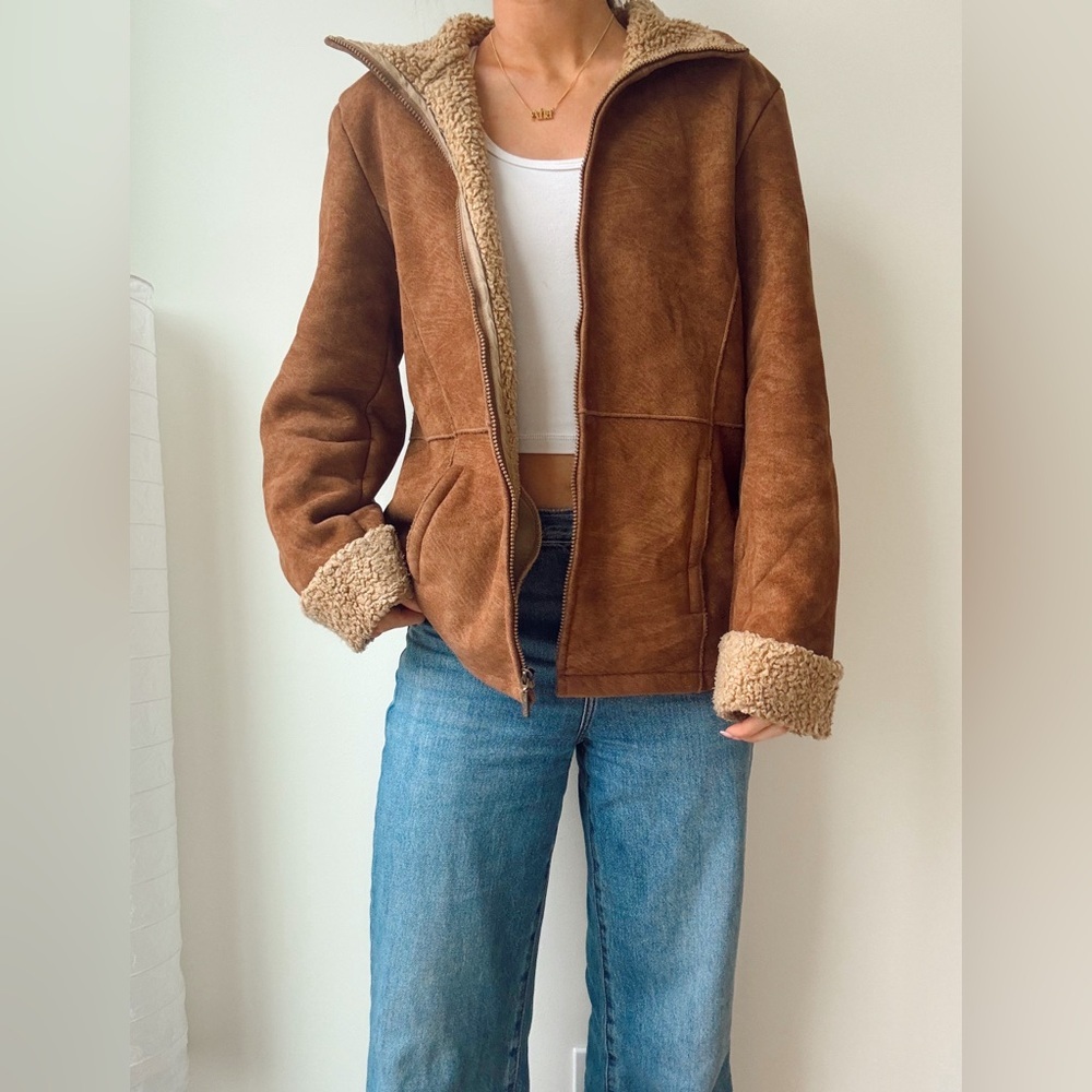 Y2K Brown Suede Sherpa Lined Jacket — Grunge Fairycore / Vintage- L